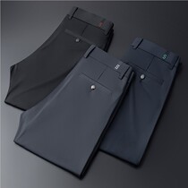 High-end ice silk trousers mens summer thin small feet stretch slim business hanging silky casual non-ironing suit pants