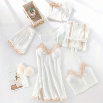 Ice silk pajamas womens 2021 new summer thin five-piece suit sexy suspender lace night dress silk silk
