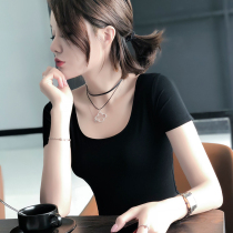 Modal short-sleeved t-shirt womens summer thin slim-fit inner low-neck black thin large round-neck bottoming shirt large U-neck