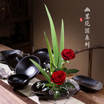 Jianshan ceramic Japanese flower Ware small original boat type Chinese flower arrangement black Zen flowerpot retro flower plate
