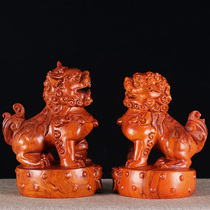Wood carving lion ornaments a pair of home porches home living room feng shui decoration decoration solid wood head carving crafts