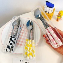 In new cute cow stainless steel ceramic handle portable tableware set on the work chopsticks soup spoon fork