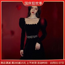 Ju Jingyi same dress dress womens banquet temperament nail beads autumn and winter new high-end long sleeve black velvet dress