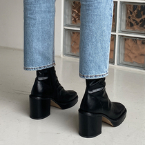 High-heeled thin boots womens short boots 2021 autumn and winter new Korean style increased thick-heeled elastic boots fashion mid-tube boots