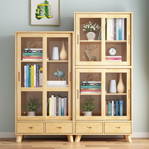 Solid wood bookcase with glass cabinet door living-room display cabinet shelve for home bedroom childrens storage cabinet student bookcase