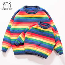 Parent-Child womens fashion autumn and winter a family of three childrens sweaters female Korean girls mother and son rainbow knitwear