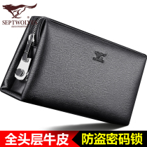 Seven Wolves Mens Bag Handbags Men Genuine Leather Soft Cow Leather Large Capacity Wallet Mens Lock Upscale Hand Holding Bag