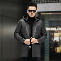 Haining new first layer deerskin leather leather jacket mens hooded mid-length slim autumn and winter leather jacket jacket