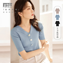 Pair of white French style design sensational sweatshirt V collar female short sleeves 2022 Summer new Dont-to-buckle short blouses