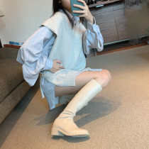 Bliss boon closed eye closed Korea rear zip and knee heel genuine leather though knee-high cylinder rice white long boot