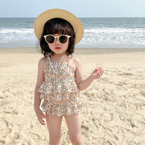 ins Childrens swimsuit Korean floral Orange print suspender swimsuit Cute middle and large child baby split swimsuit