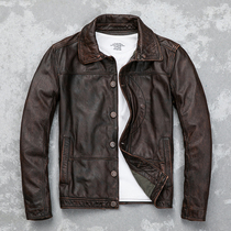 New Amei Kazi leather leather mens head layer cowhide retro worn short denim jacket mens leak