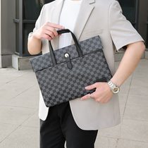 New mens plaid Hand bag large capacity Business Business bag leisure trend simple leather hand-held briefcase
