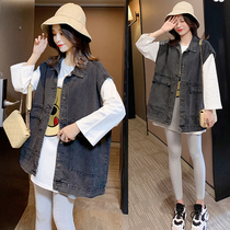 Pregnant women autumn suit 2021 new loose long-sleeved top denim vest fashion two-piece set spring and autumn tide mother