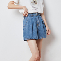 Tang lion 2021 summer new blue denim shorts womens thin high waist retro a-line wide leg pants thin and high