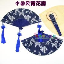 Kindergarten corridor classroom air creative hanging Chinese style national wind blue and white fan ceiling decoration blue and white porcelain folding fan wall