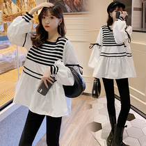 Pregnant woman t-shirt spring autumn clothing fashion suit Han version of Chaoqi Oqi Loose Lining Clothes Short blouses Doll shirts Fall