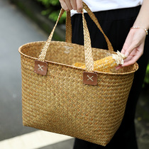 Kens Oval straw basket Japanese woven basket storage basket literary picnic basket shopping basket dirty clothes basket