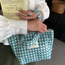 Homemade Vegetable Basket) Mini Dark Blue Plaid Durable Thick Mommy Bag Portable Bento Small Cloth Bag Canvas Bag