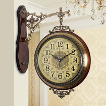 American solid wood double-sided wall clock European clock silent living room quartz clock two-sided wall watch retro creative big clock