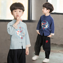 Boys Hanfu autumn long sleeve cotton and linen suit Chinese style childrens costume childrens costume childrens Tang suit Republic of China costume boy