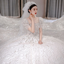 The main wedding dress 2021 new temperament summer bride court style high-grade sense of thick arm big tail luxury heavy industry