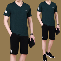 Mens sports suit mens short-sleeved shorts summer clothes middle-aged dad morning exercise sportswear large casual suit men