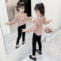 Girls Spring and Autumn Plaid shirt French top Korean long-sleeved cotton Western style female childrens shirt fashionable children