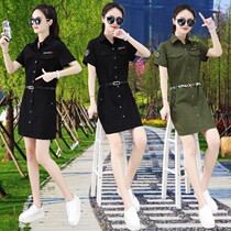 Outdoor army green short-sleeved shirt dress Womens military uniform 2021 summer dress one step package arm short skirt net red small black skirt