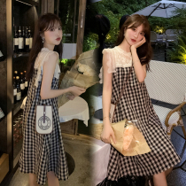 Pregnant women summer fashion net red dress plaid short sleeve thin section summer does not show up to cover the belly two-piece suit summer