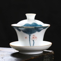 Household blue and white porcelain three Cai Bowl hand-painted ceramic tea set Tea Bowl underglaze Cup single Tea Bowl Cup pot