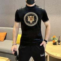  2021 autumn new trend brand fashion tiger hot diamond thickened velvet short-sleeved T-shirt round neck half sleeve bottoming shirt men