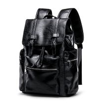 Tide mens backpack mens backpack European and American fashion English style Joker bag pu soft leather Street locomotive double backpack
