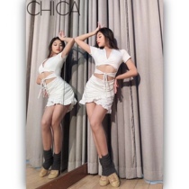 YH Latin dance dress Ice Silk fabric V-neck drawstring design show leg long short sleeve hip sexy one-piece dress