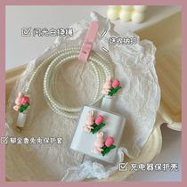 Tulip rabbit charger protective sleeve for iPhone12 plug Protective case pink winding combination
