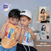 Chenchen mother boys clothing parent-child clothing summer thin childrens T-shirt baby round neck loose top embossed laser reflective T