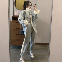 Plus velvet padded casual fashion set womens 2021 autumn and winter Lamb hair jacket pants tracksuit two-piece set