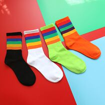 Net Red Rainbow Socks Striped Long Socks MENS AND WOMENS DAY COLLEGE WIND 100 HITCH STREET MIDDLE CYLINDER WAVE SOCKS CANDY COLOR OUTING
