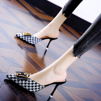 Small Fragrant Breeze gig Baotou High heel Semi slippers Female Outer wear Spring Summer Han version Pointed Metal Square Button Fine Heel Sandal