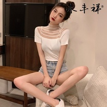 2021 summer new Hong Kong flavor thin base shirt slim short sleeve mesh hollow stitching knit sweater top women