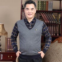 Middle-aged and elderly mens long-sleeved t-shirt cotton shirt collar cotton dad dress autumn plaid fake two-piece knitted thin section