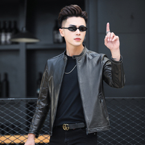 Haining new 2021 mens leather leather goatskin jacket short stand-up collar open-line motorcycle slim Korean version of the tide