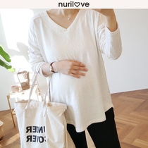 Pregnant woman T-shirt Spring and autumn paragraph V collar loose long sleeve pregnant woman compassionate spring white inner lap pure cotton undershirt female blouse