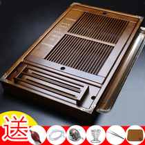 Stainless steel tray tea tray household wooden tea table water storage and drainage solid wood kung fu small tea table simple tea set