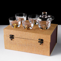 Crystal glass cover Bowl Jinshan Gold Base Mount Fuji Cup heat-resistant glass Gold Cup Tea Bowl set gift box