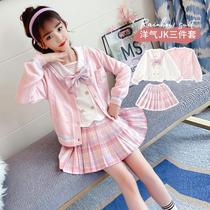 Girls Japanese jk uniform set Spring and Autumn New Girls College wind cardigan sweater student plaid skirt three sets