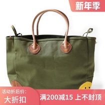 KAPITAL 20AW flat field and macro smiling face four-mesh spliced cow leather canvas male and female hand single shoulder bag Totbag