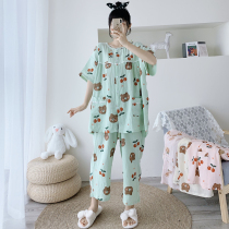 Pure cotton short-sleeved nine-point pants Plus size double gauze pajamas Womens summer cardigan fat mm pregnant women loose home clothes