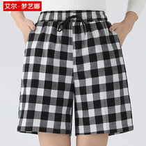 Middle-aged womens summer loose casual mom pants Middle-aged high-waisted thin plaid women wear five-point shorts outside