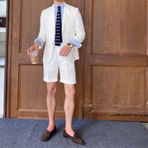 Mr. Lusan 180g vintage linen casual thin suit shorts suit suit men Youth Korean version of slim suit